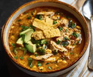 A bowl of spicy Poblano Chicken Tortilla Soup topped with shredded cheese, fresh cilantro, and crispy tortilla strips, served in a rustic bowl with lime wedges on the side.