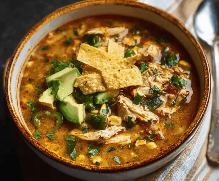 A bowl of spicy Poblano Chicken Tortilla Soup topped with shredded cheese, fresh cilantro, and crispy tortilla strips, served in a rustic bowl with lime wedges on the side.
