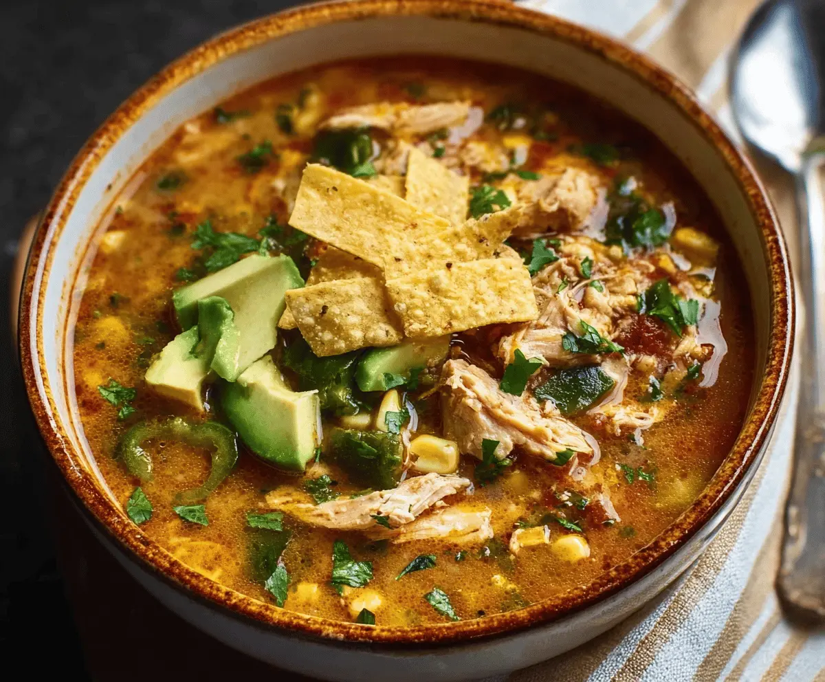 A bowl of spicy Poblano Chicken Tortilla Soup topped with shredded cheese, fresh cilantro, and crispy tortilla strips, served in a rustic bowl with lime wedges on the side.