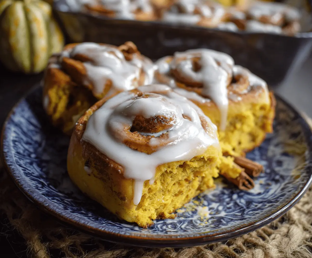 Delicious pumpkin cinnamon rolls topped with cream cheese glaze, perfect for fall desserts and cozy mornings