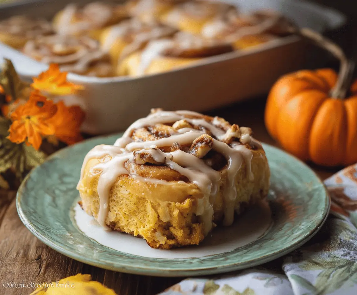 Delicious pumpkin cinnamon rolls topped with coffee maple frosting on a serving plate, perfect for fall mornings