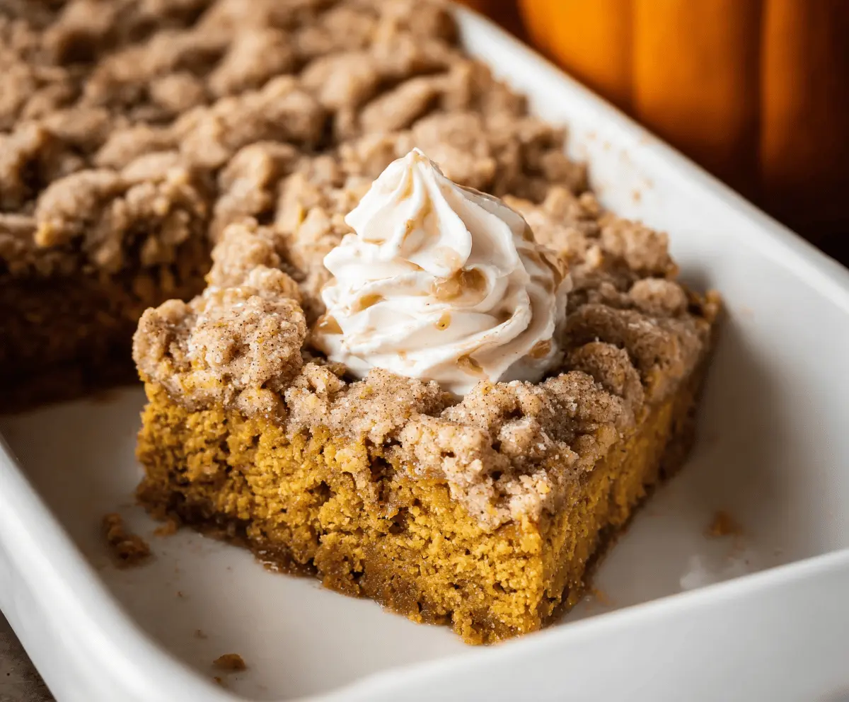 Delicious pumpkin pie crisp topped with cinnamon streusel, ready to serve as a warm fall dessert.