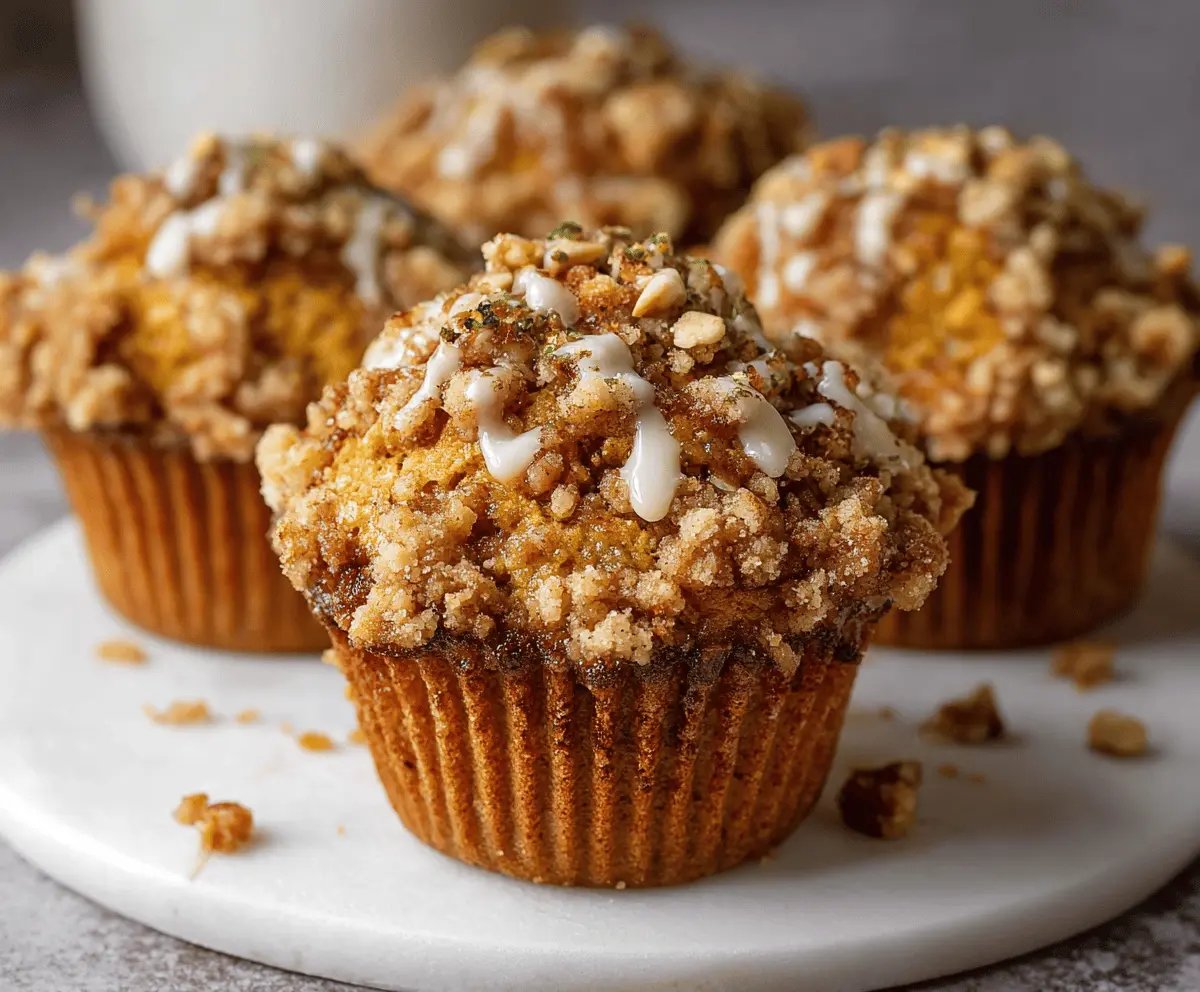 Delicious pumpkin streusel muffins with golden tops and crumbly streusel topping on a rustic plate, perfect for fall breakfast or snack
