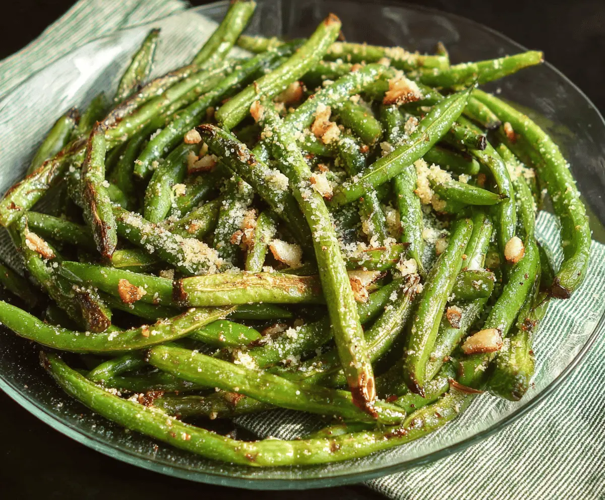 A plate of roasted green beans topped with grated Parmesan cheese, garnished with herbs, served as a flavorful side dish