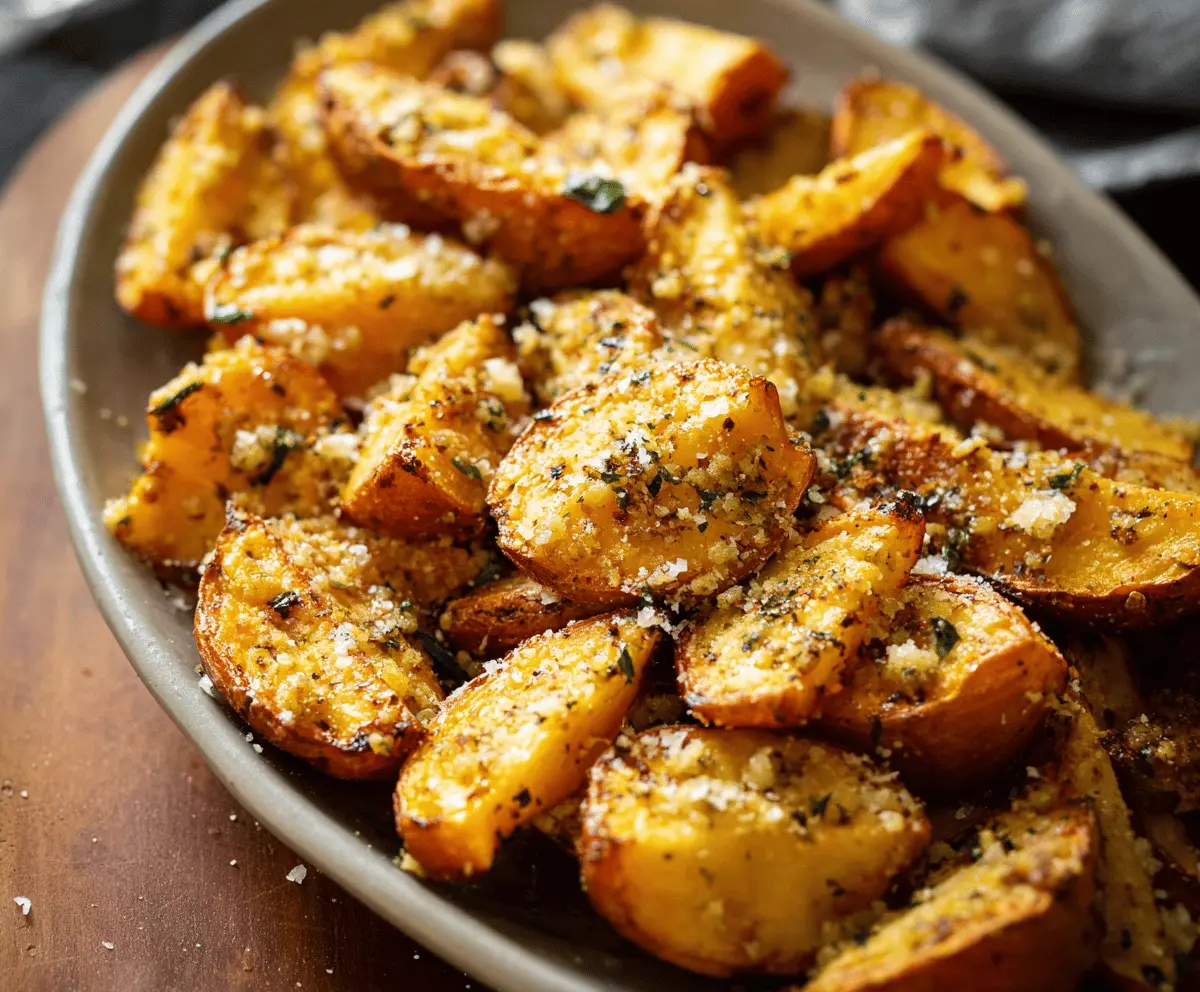 Delicious roasted sweet potatoes topped with garlic and Parmesan cheese, served as a flavorful side dish