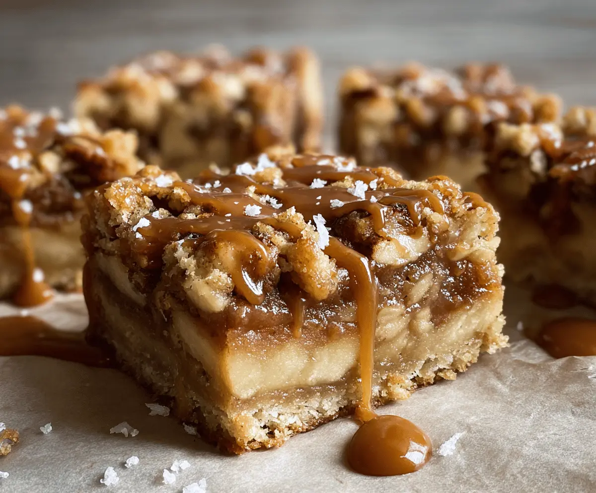 Delicious salted caramel apple bars topped with caramel drizzle and cinnamon, perfect for fall desserts