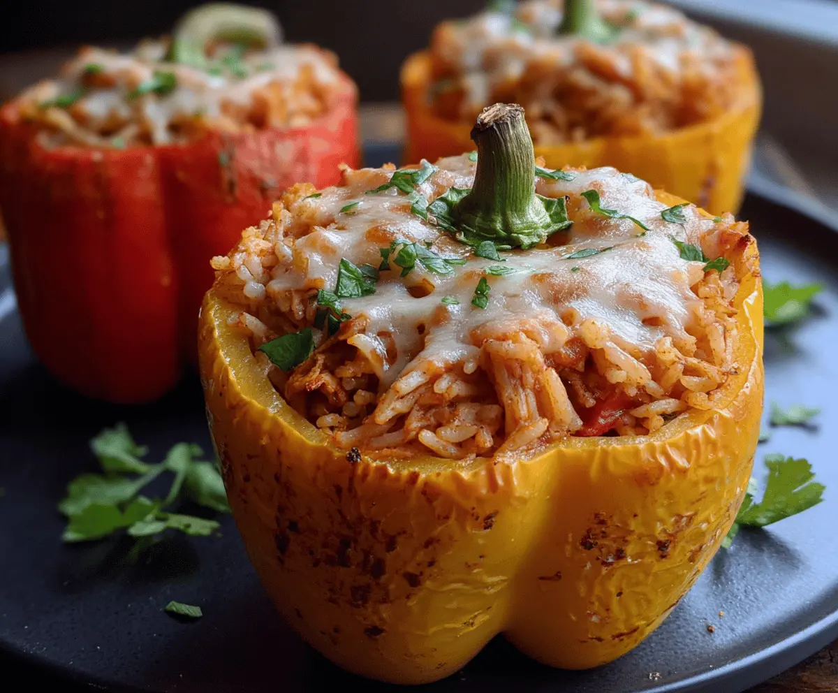Halloween-themed shredded chicken and rice stuffed peppers served in spooky orange and black presentation, perfect for a festive and flavorful meal