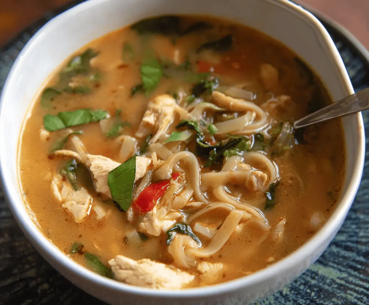 A bowl of steaming Thai Chicken Soup with tender chicken, fresh herbs, and vibrant vegetables, served in a flavorful broth.