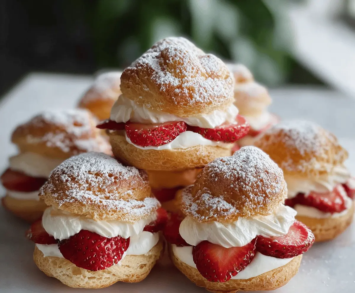 Delicious strawberry cream puffs with fresh strawberries and whipped cream on a elegant dessert plate