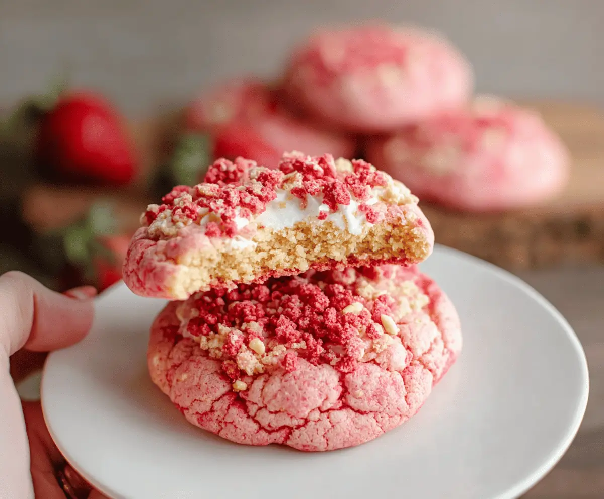 Delicious homemade strawberry crunch cookies with a crunchy topping and fresh strawberry filling on a white plate