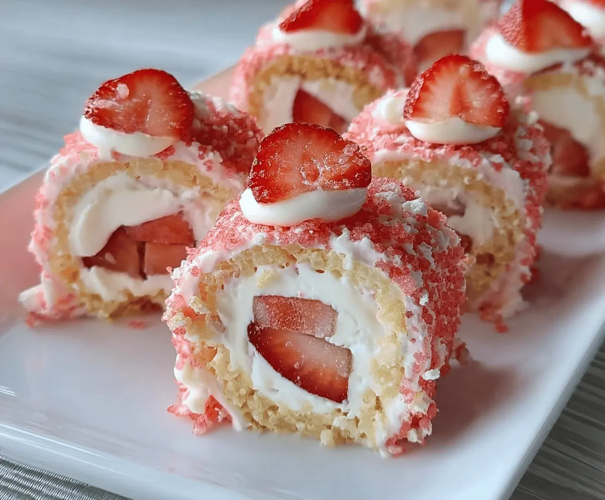 Fresh strawberry shortcake sushi rolls with sponge cake, strawberries, and whipped cream topped with powdered sugar, ready to serve