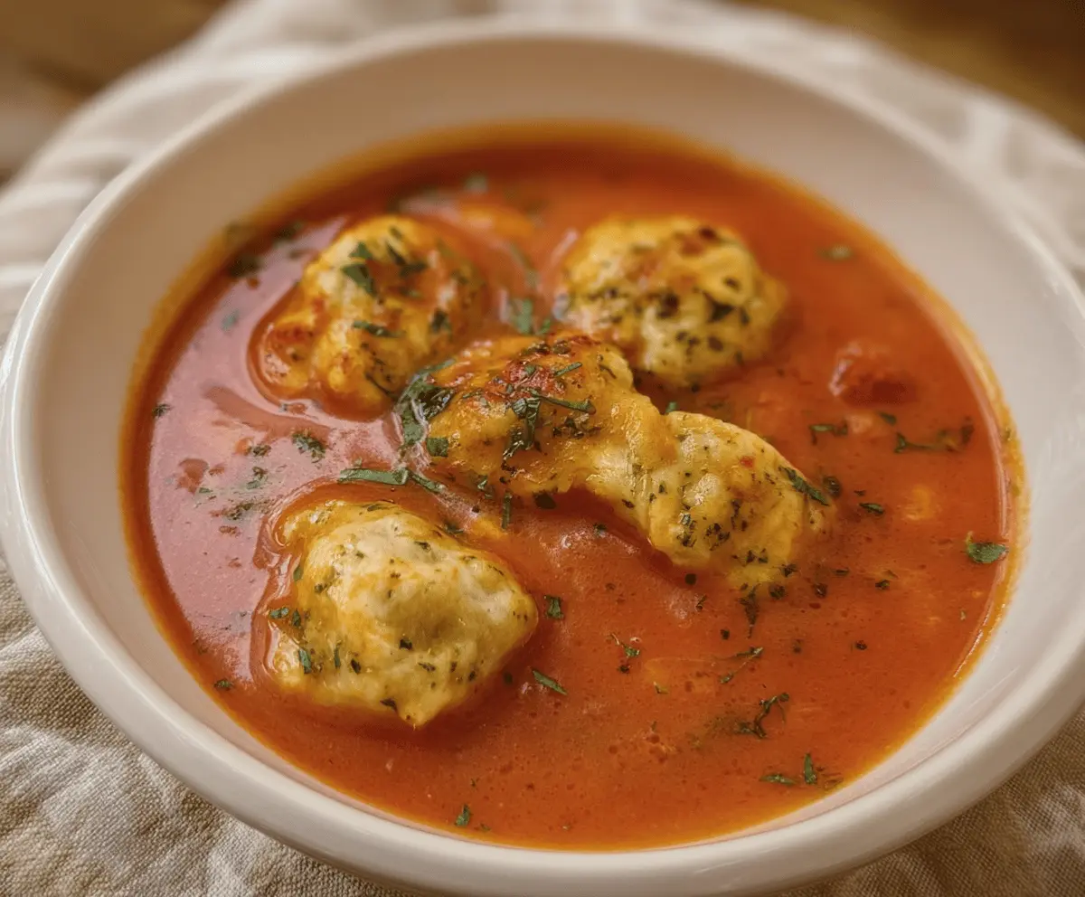 Creamy tomato soup topped with melted cheese dumplings, served in a bowl for a comforting, savory meal