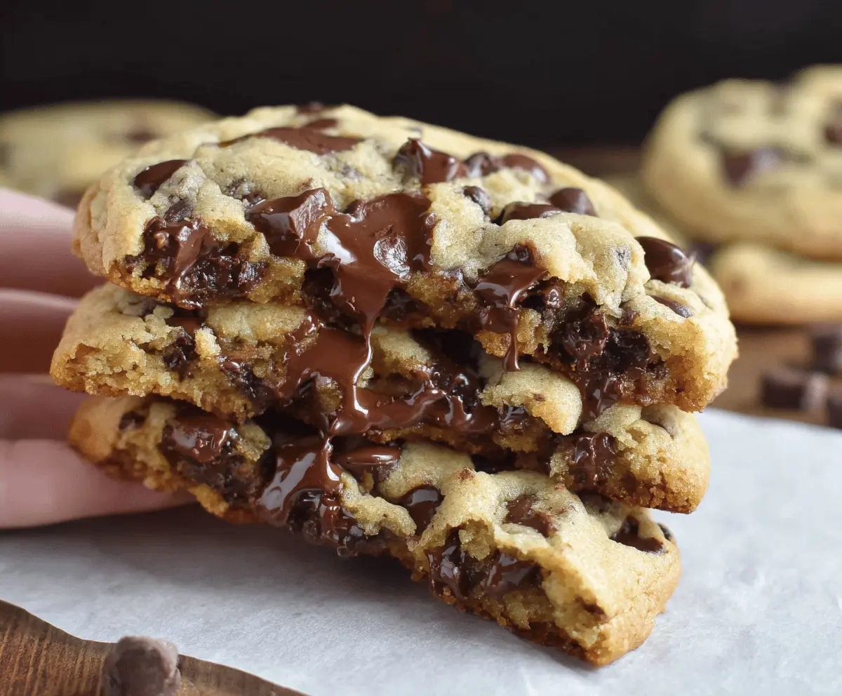 Ultra thick bakery-style chocolate chip cookies with crispy edges and gooey centers, featuring loaded chocolate chips and golden-brown crust