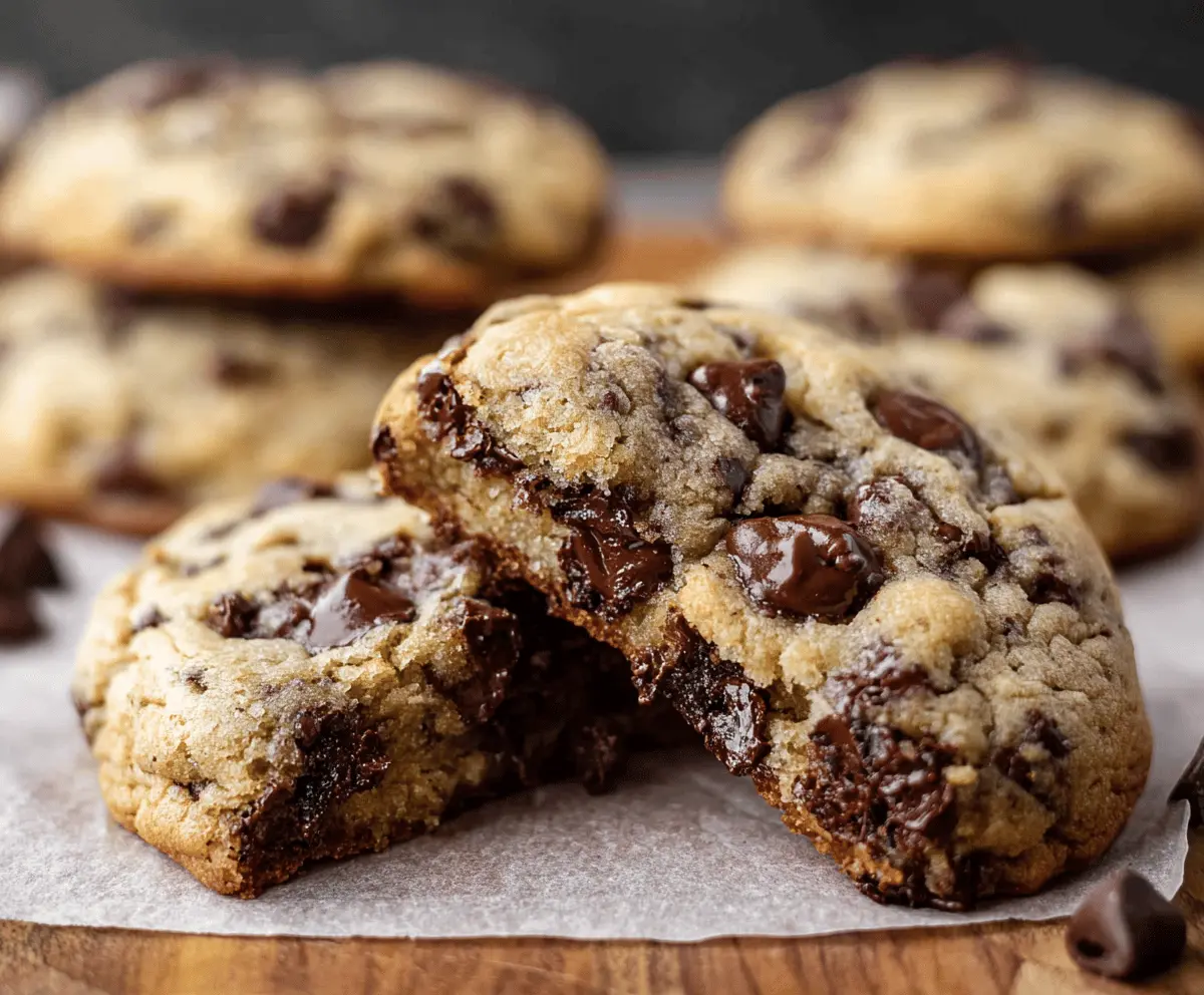 Ultra thick bakery-style chocolate chip cookies with crispy edges and gooey centers on a baking sheet