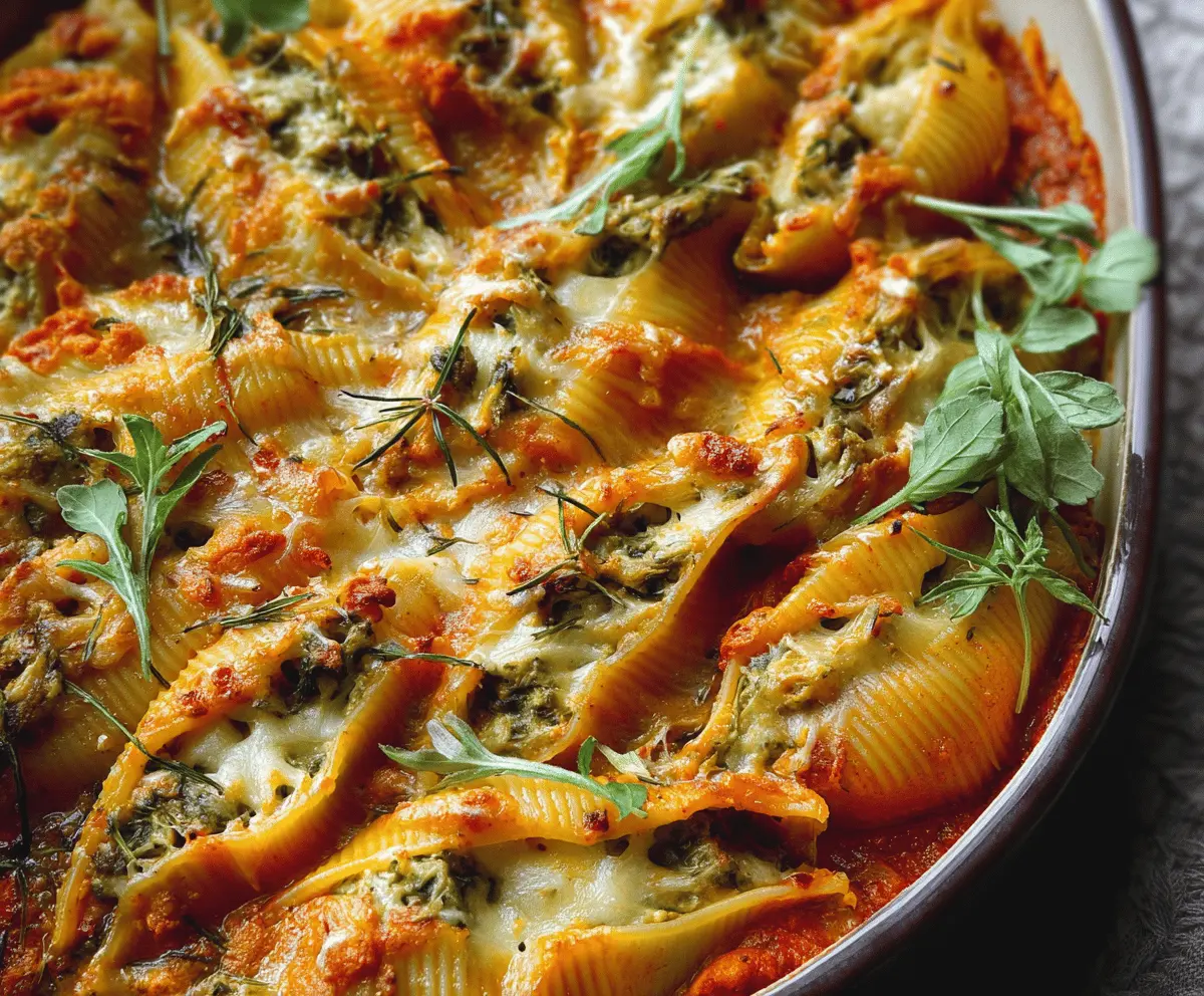 Creamy vegan pumpkin ricotta stuffed pasta shells in a baked casserole dish, topped with herbs and pumpkin seeds for a hearty plant-based meal.