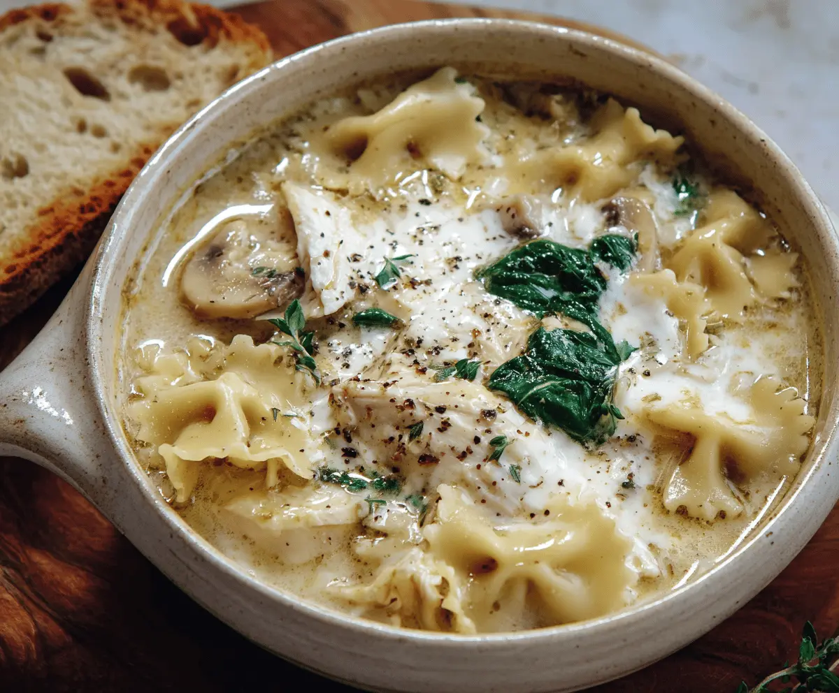 Creamy white lasagna soup topped with melted cheese and fresh herbs in a bowl, served with bread on a rustic wooden table.