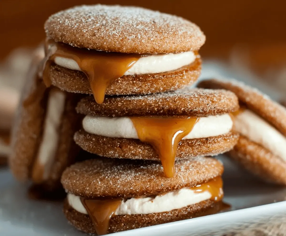 Delicious Apple Cider Whoopie Pie Cookies topped with rich caramel glaze.