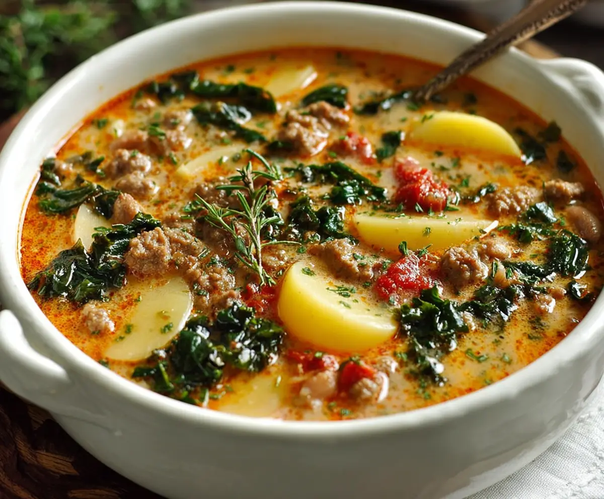 Delicious bowl of authentic Tuscan Zuppa with fresh herbs and vegetables