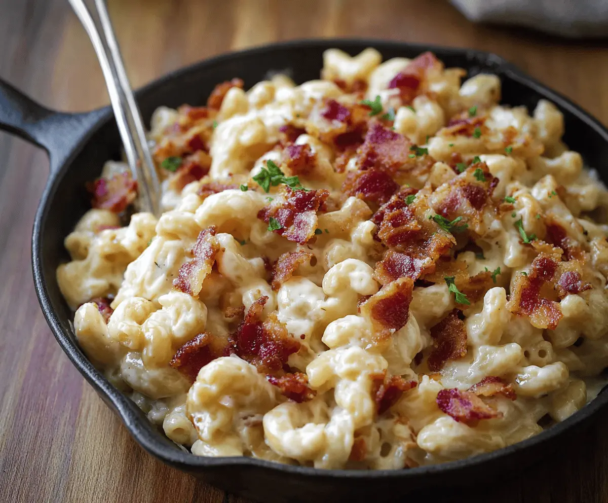 Creamy bacon mac and cheese served in a bowl with crispy bacon bits on top.