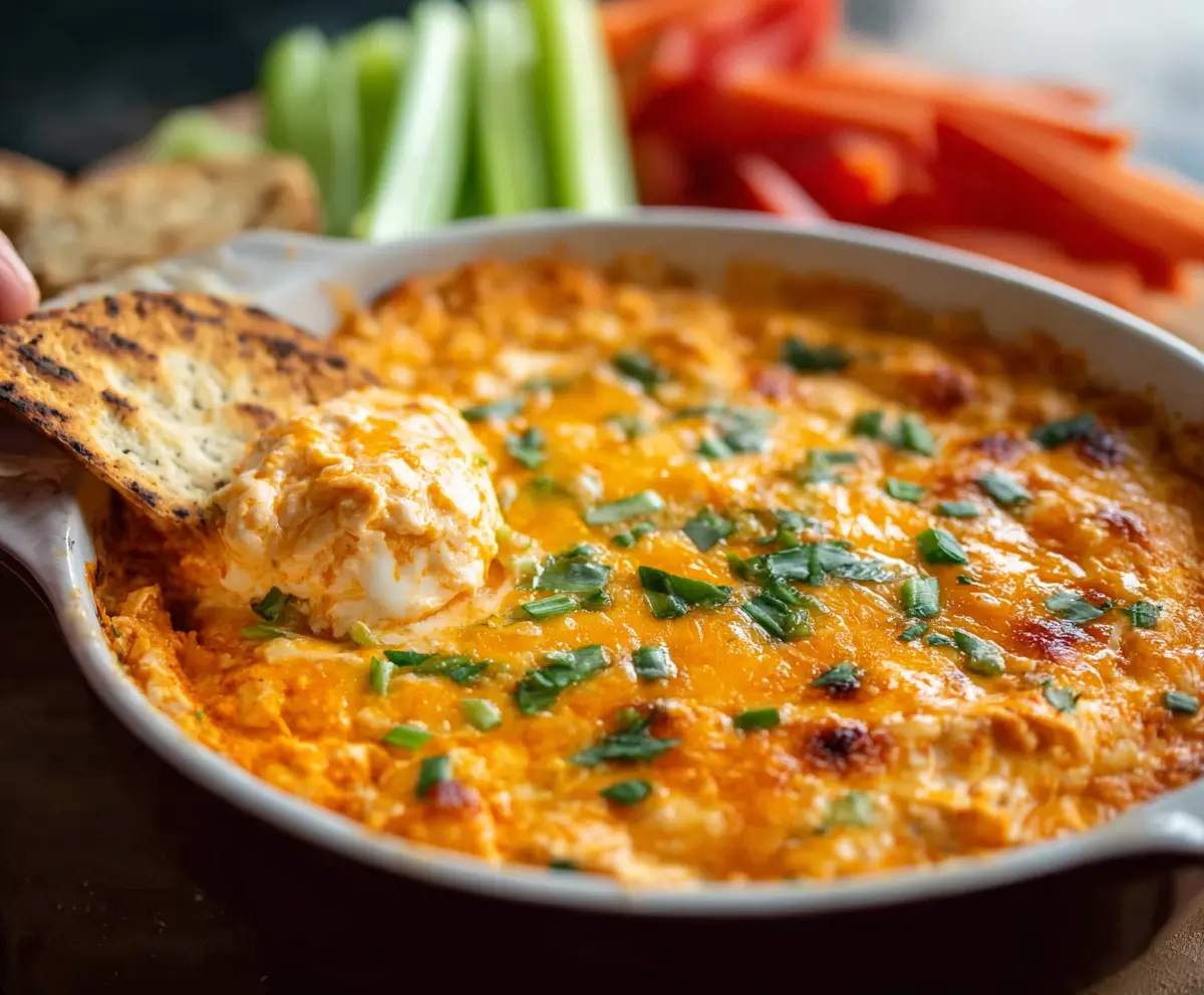 Creamy Buffalo Chicken Dip served with fresh vegetables and tortilla chips, perfect for parties and gatherings.
