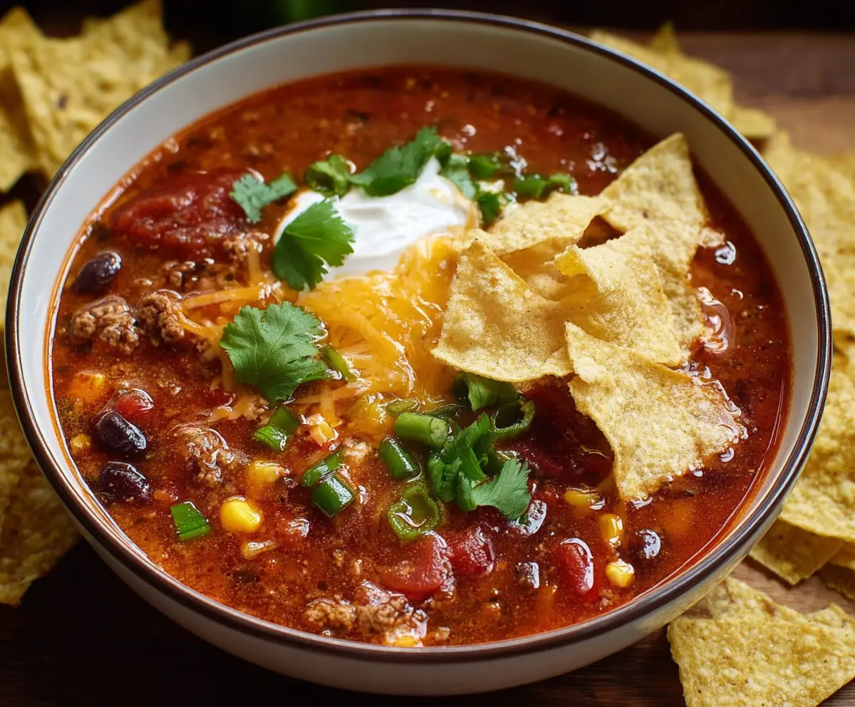 A bowl of bold and hearty taco soup with ground beef, vegetables, and melted cheese topped with cilantro.