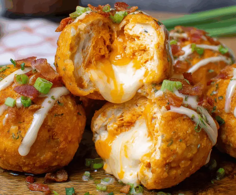 Delicious Buffalo Chicken Bacon Mozzarella Bombs topped with fresh herbs on a serving plate.
