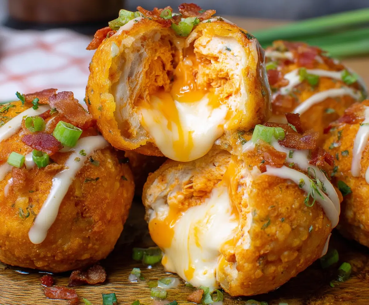 Delicious Buffalo Chicken Bacon Mozzarella Bombs topped with fresh herbs on a serving plate.
