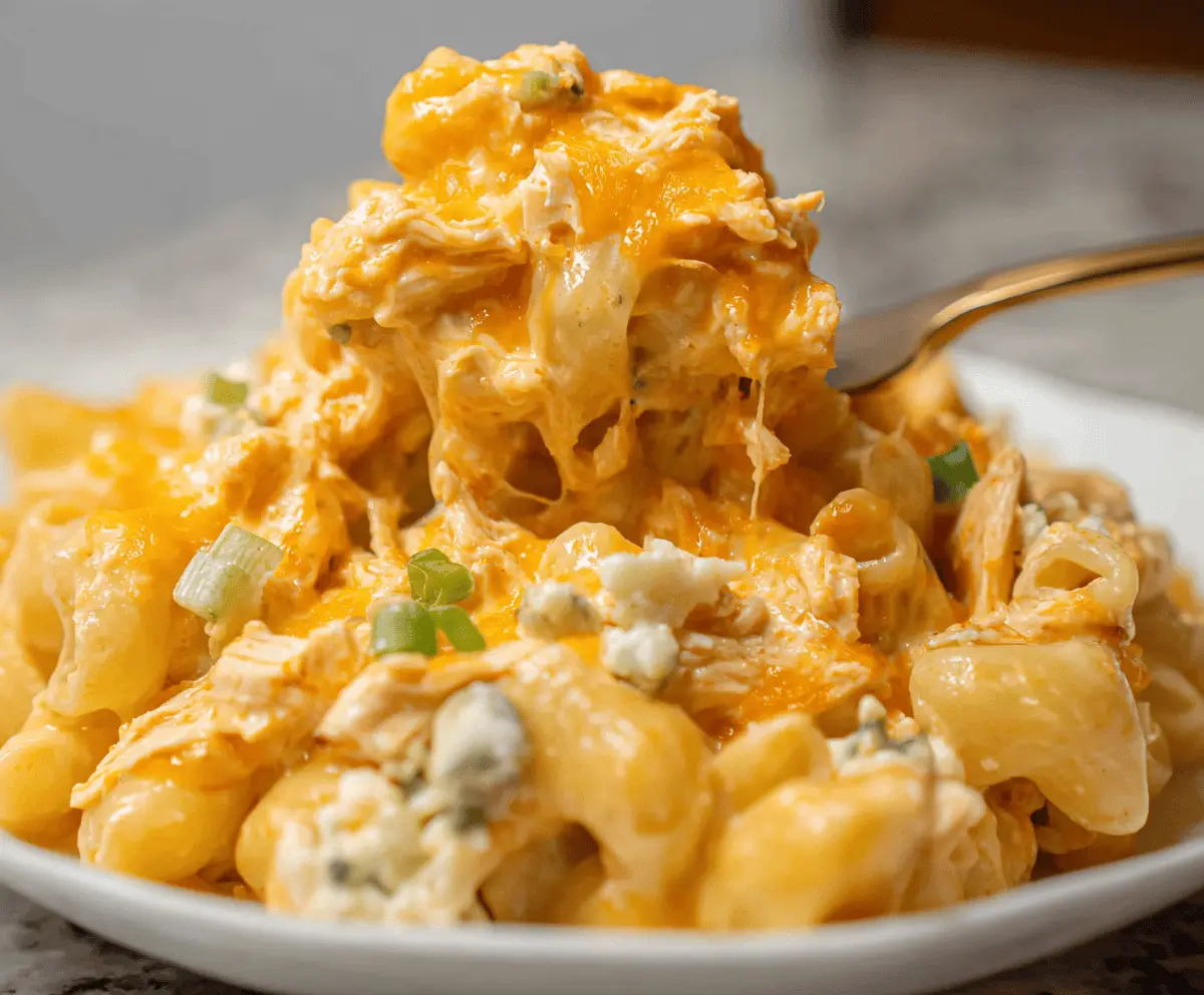 Creamy Buffalo Chicken Mac & Cheese served in a bowl with melted cheese and spicy chicken pieces.