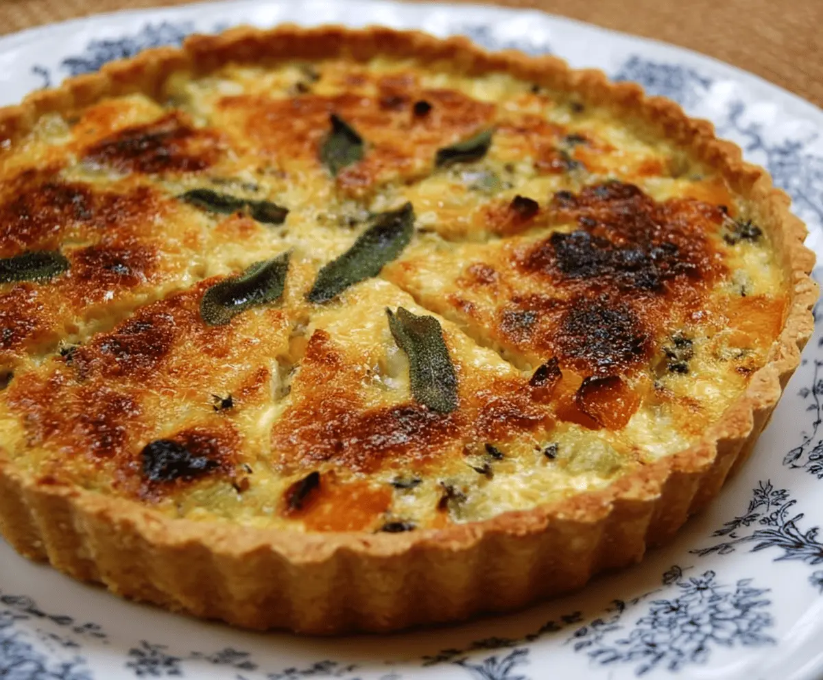 Delicious Butternut Squash & Sage Quiche on a rustic plate, showcasing a golden crust and colorful filling.