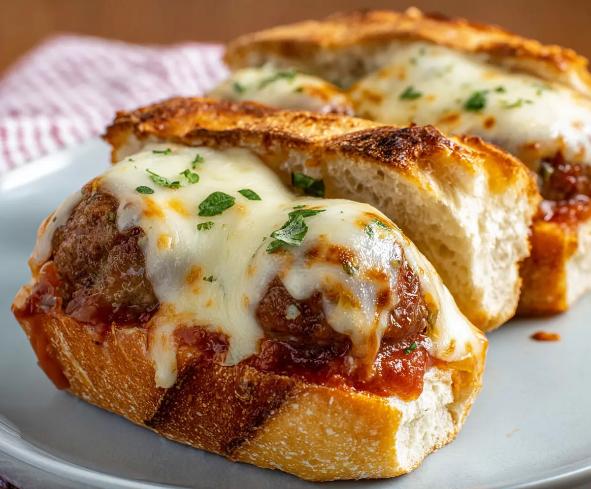 Delicious cheesy meatball sub sandwich with melted cheese and savory meatballs in a hoagie bun.