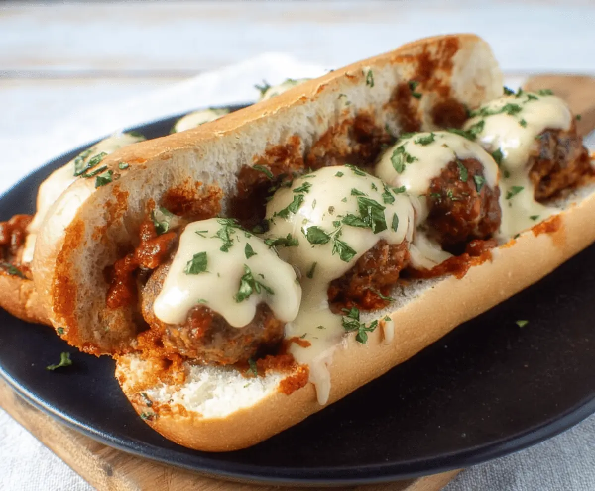 Delicious cheesy meatball subs with melted cheese and savory meatballs in a toasted bun.