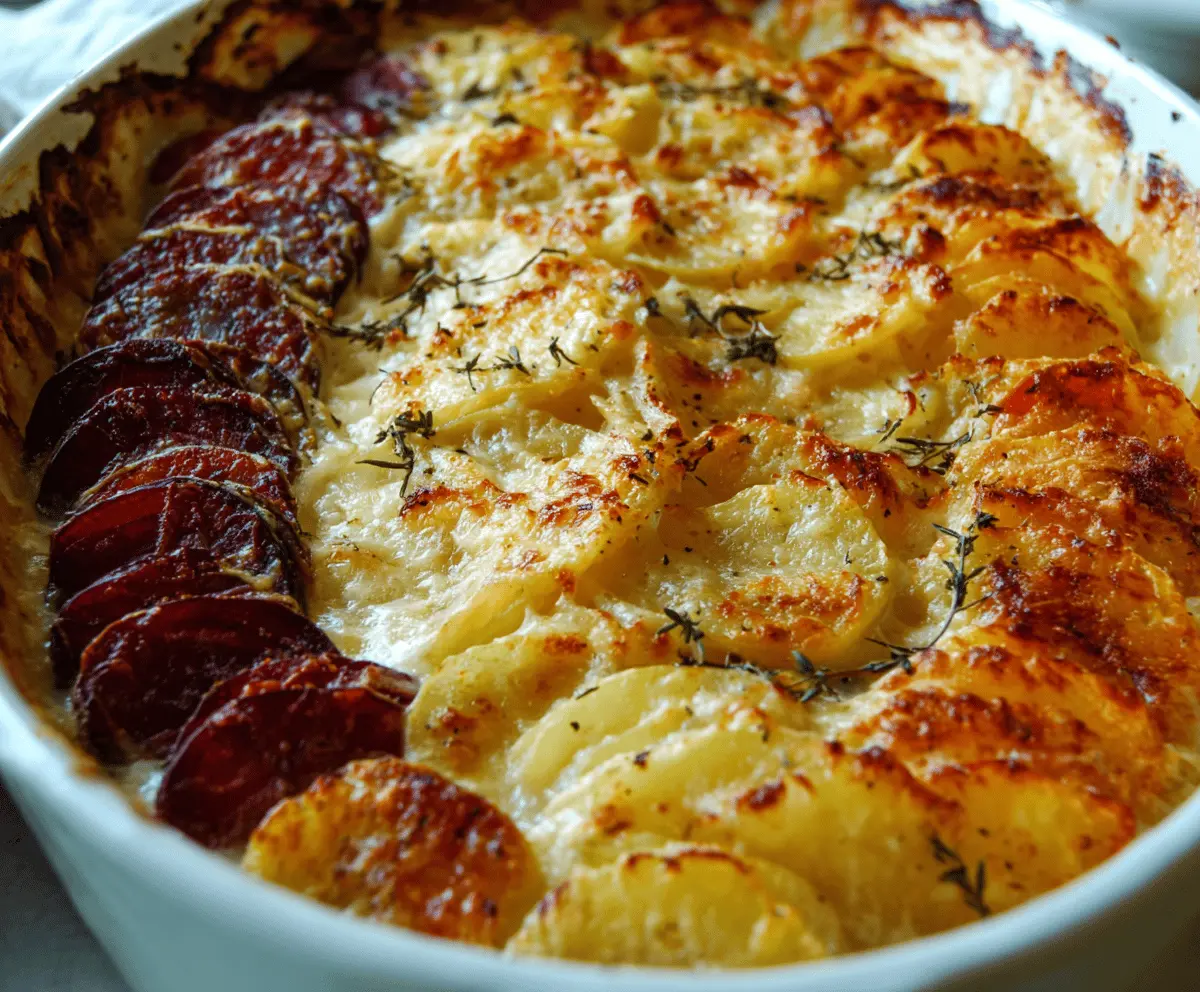 Creamy Cheesy Root Vegetable Gratin with golden-brown crust served in a rustic dish.