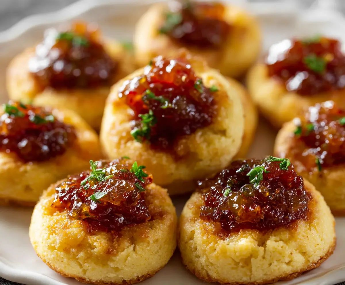 Cheesy thumbprint appetizers topped with hot pepper jelly on a serving platter.