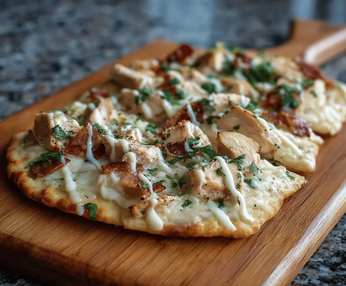 Delicious Chicken Alfredo Flatbread topped with creamy Alfredo sauce and cooked chicken pieces