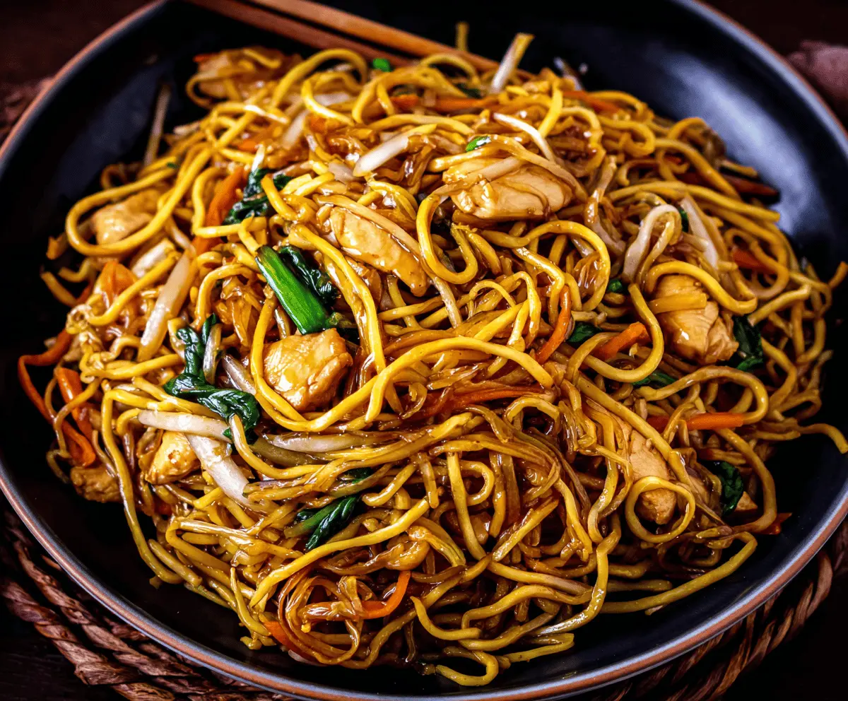 Delicious Chicken Chow Mein with stir-fried noodles and fresh vegetables on a plate.