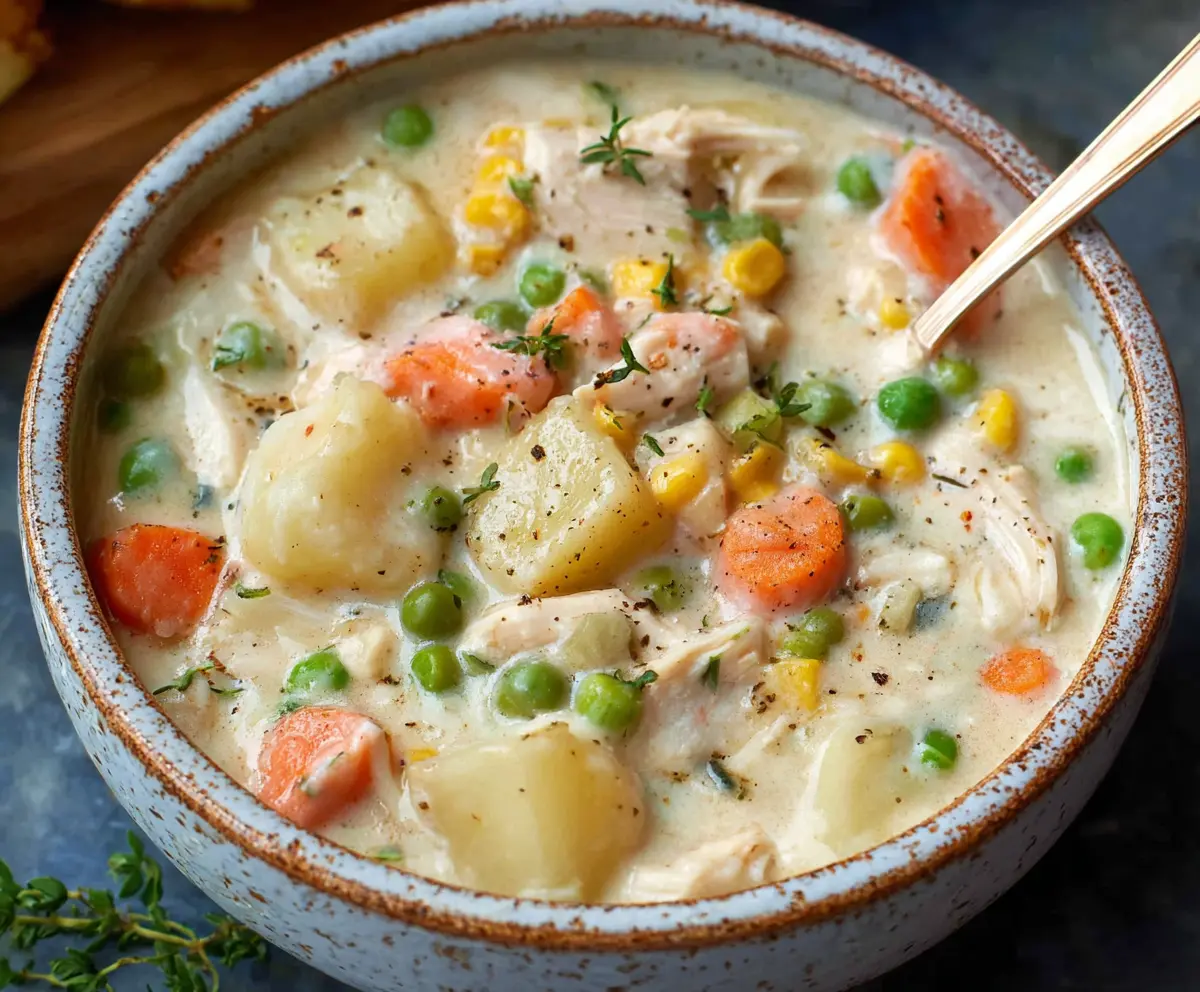 Creamy chicken pot pie soup with tender chicken, vegetables, and flaky crust crumbles in a bowl