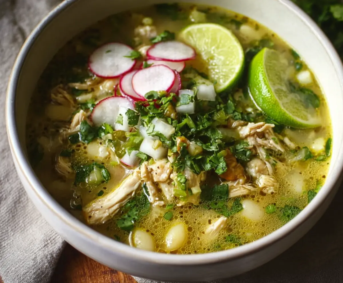 Delicious Chicken Pozole Verde served in a bowl with fresh toppings.