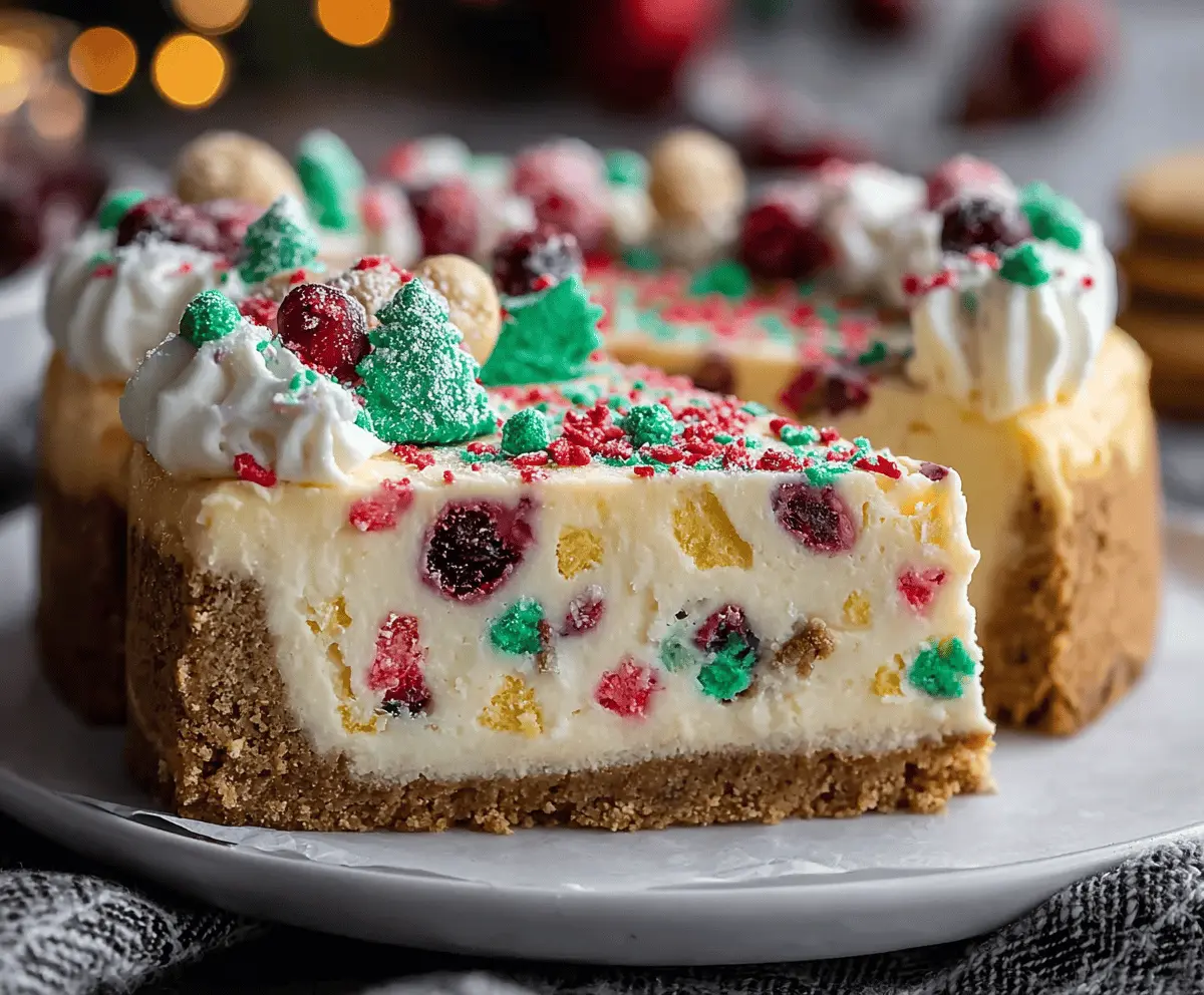 Festive Christmas Sugar Cookie Cheesecake with colorful sprinkles and holiday decorations