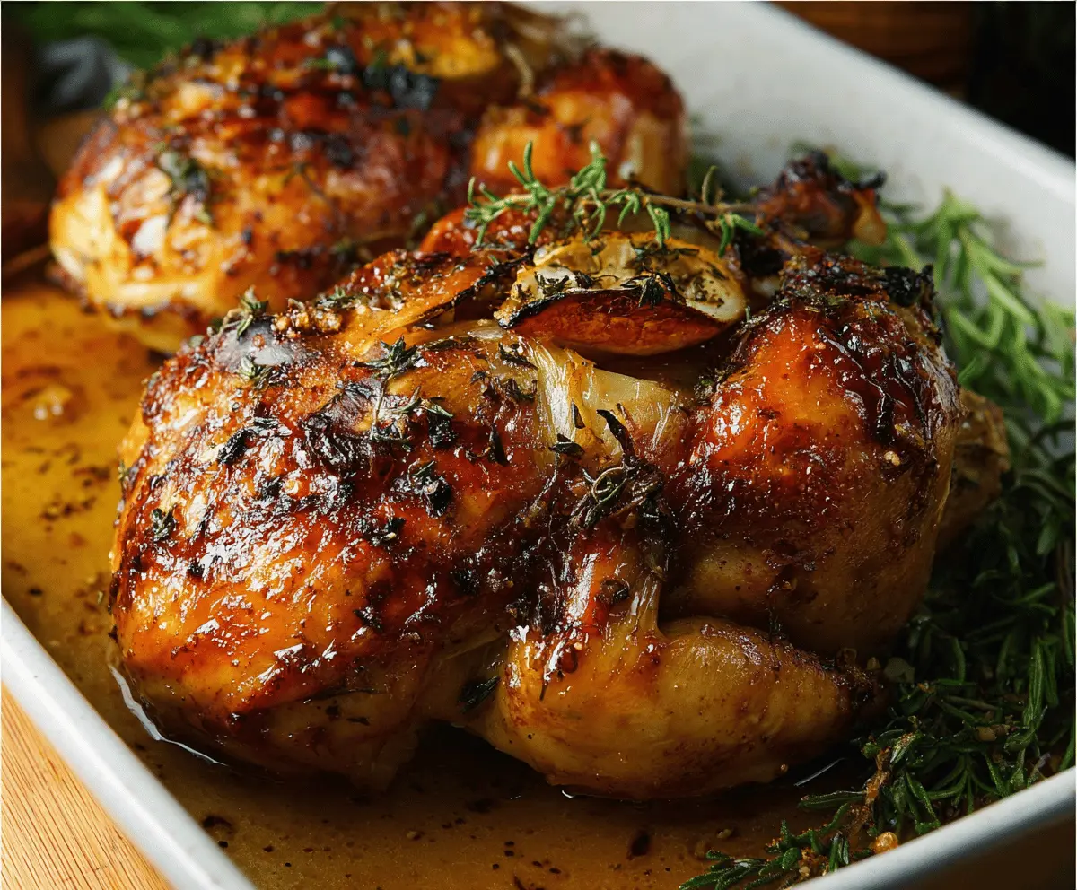 Delicious Cider Maple Oven Roasted Cornish Hen served with roasted vegetables on a platter.