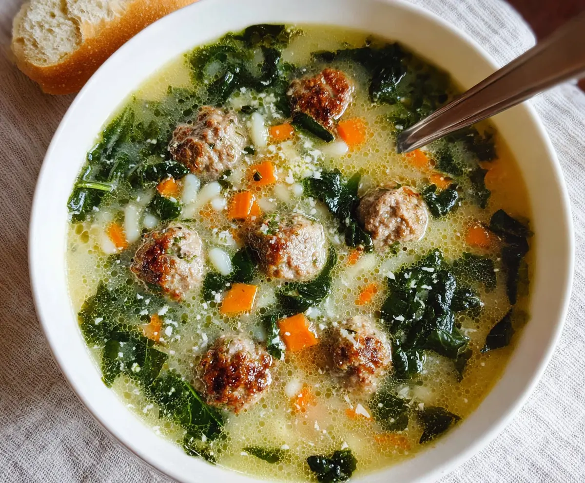Bowl of Classic Italian Wedding Soup with meatballs, spinach, and pasta in a clear broth