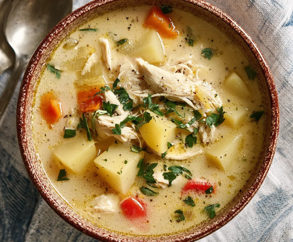 A warm bowl of comforting chicken soup with potatoes and fresh herbs, perfect for a cozy meal.
