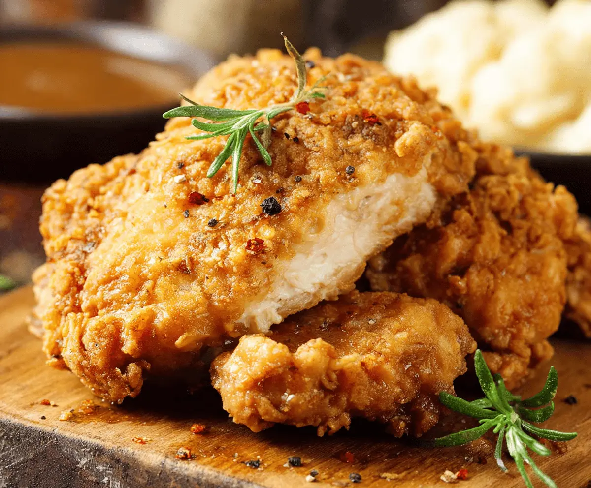 Crispy golden country fried chicken served on a plate with traditional sides.