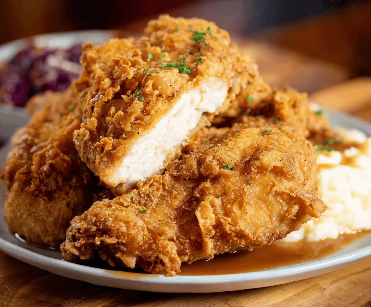 Crispy, golden country fried chicken served on a plate with sides