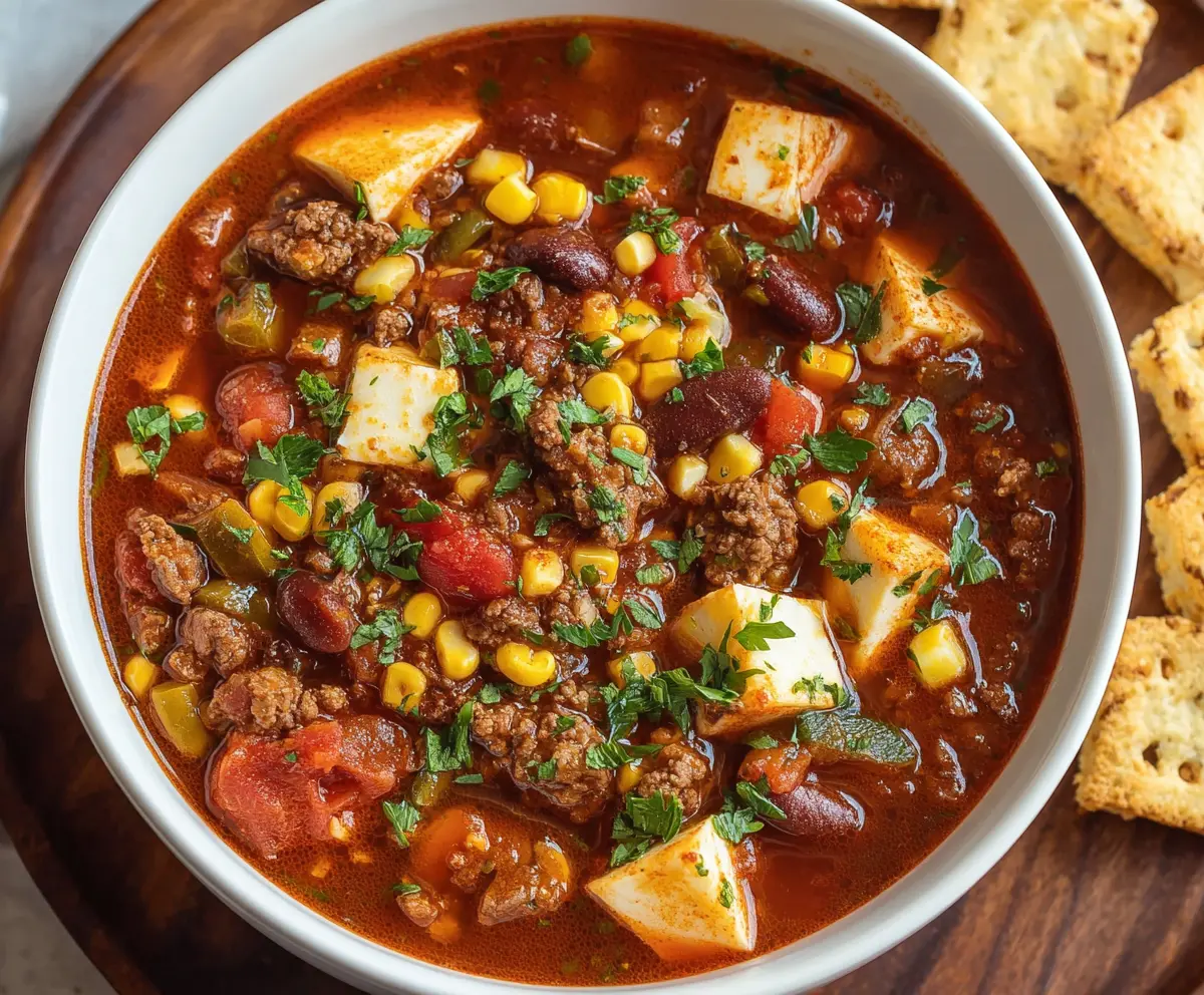 Savory cowboy soup with beef, vegetables, and spices in a rustic bowl.
