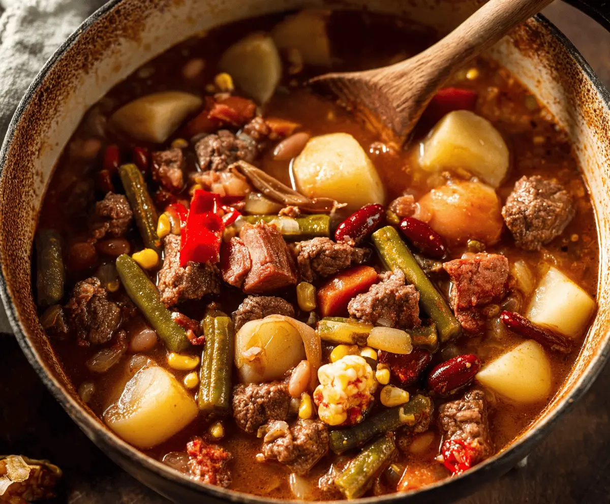 Hearty cowboy stew in a rustic bowl with vegetables and tender meat, perfect for a comforting meal.