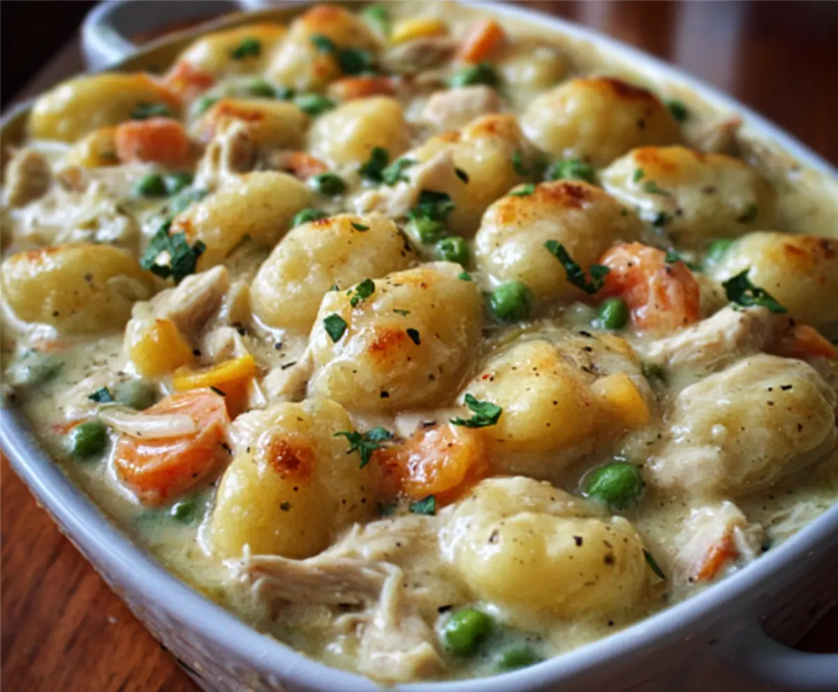 Delicious creamy chicken and gnocchi pot pie topped with a golden crust, served in a rustic bowl.