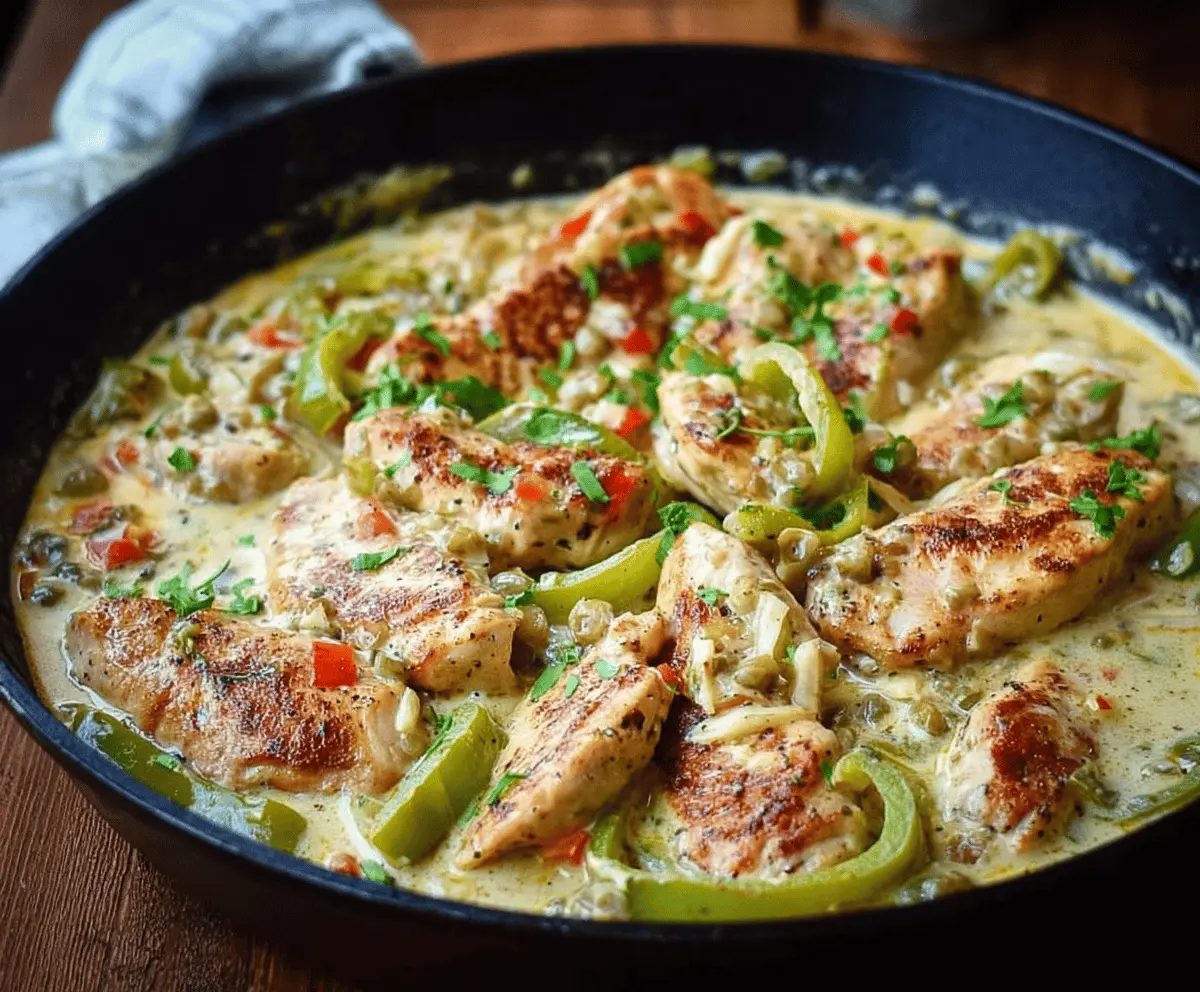 Creamy pepperoncini chicken skillet with a rich, savory sauce and fresh herbs on a rustic plate.