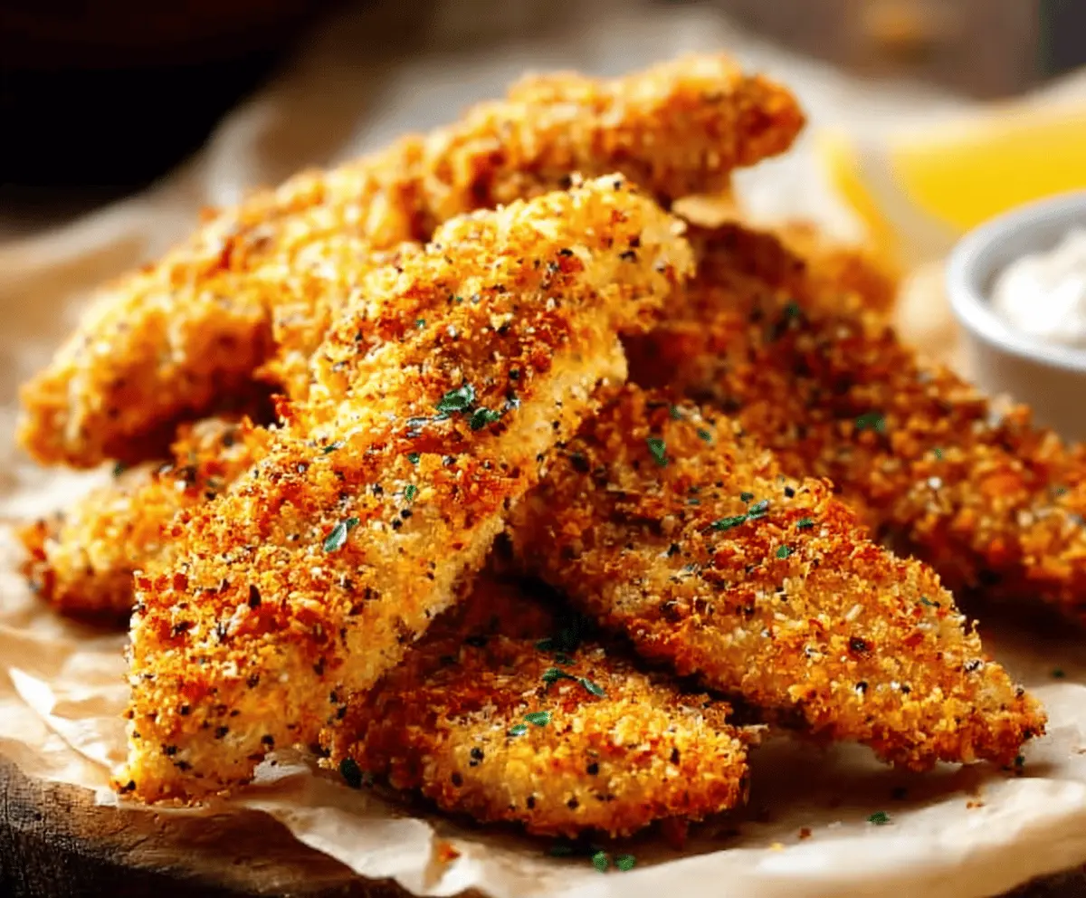 Crispy homemade baked chicken tenders on a plate with dipping sauce, ready to serve.
