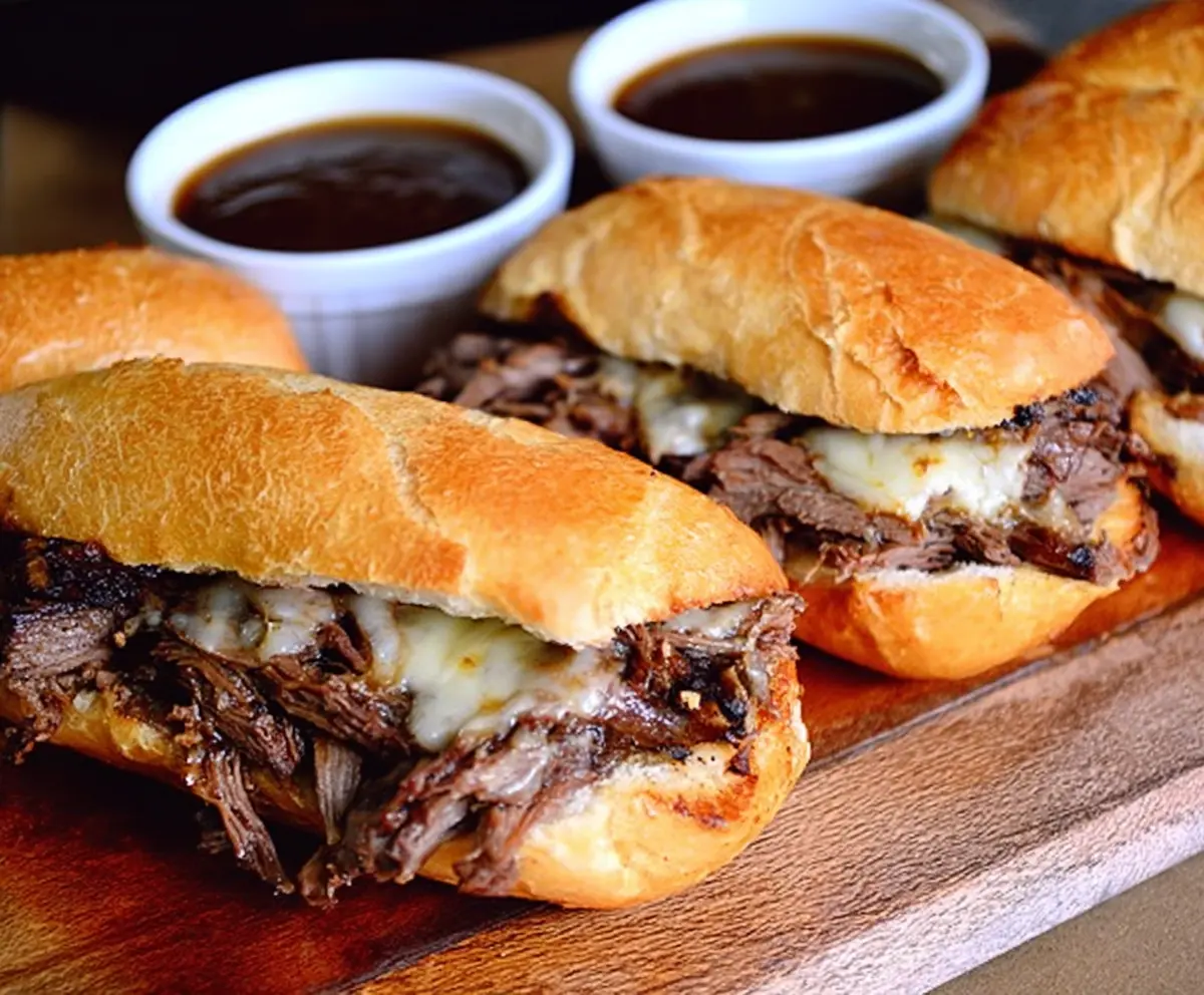 Succulent Crock Pot French Dip Sandwiches with melted cheese and tender roast beef served on crusty bread.
