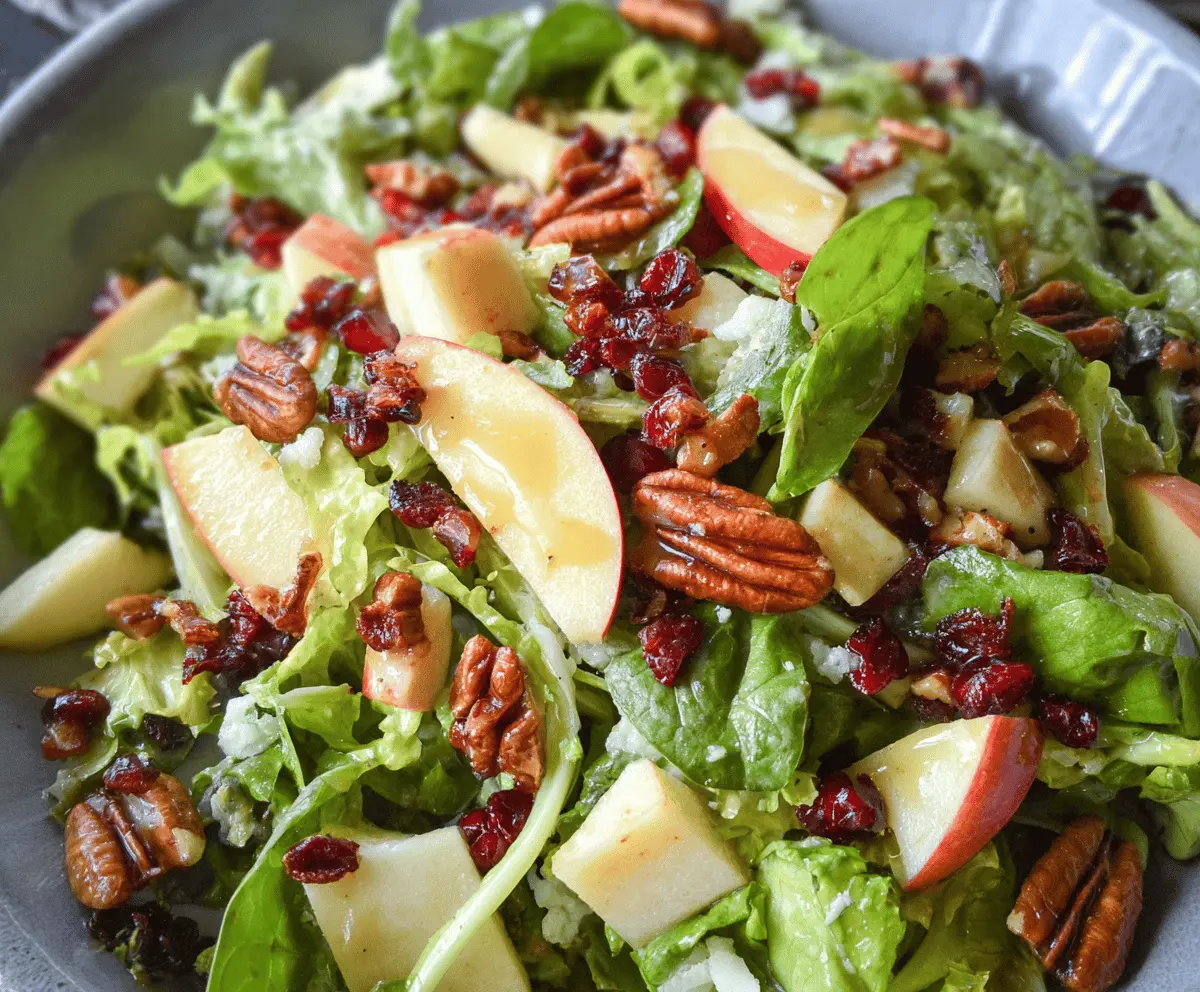 Crunchy fall apple salad featuring fresh sliced apples, mixed greens, and crunchy nuts with maple vinaigrette dressing.